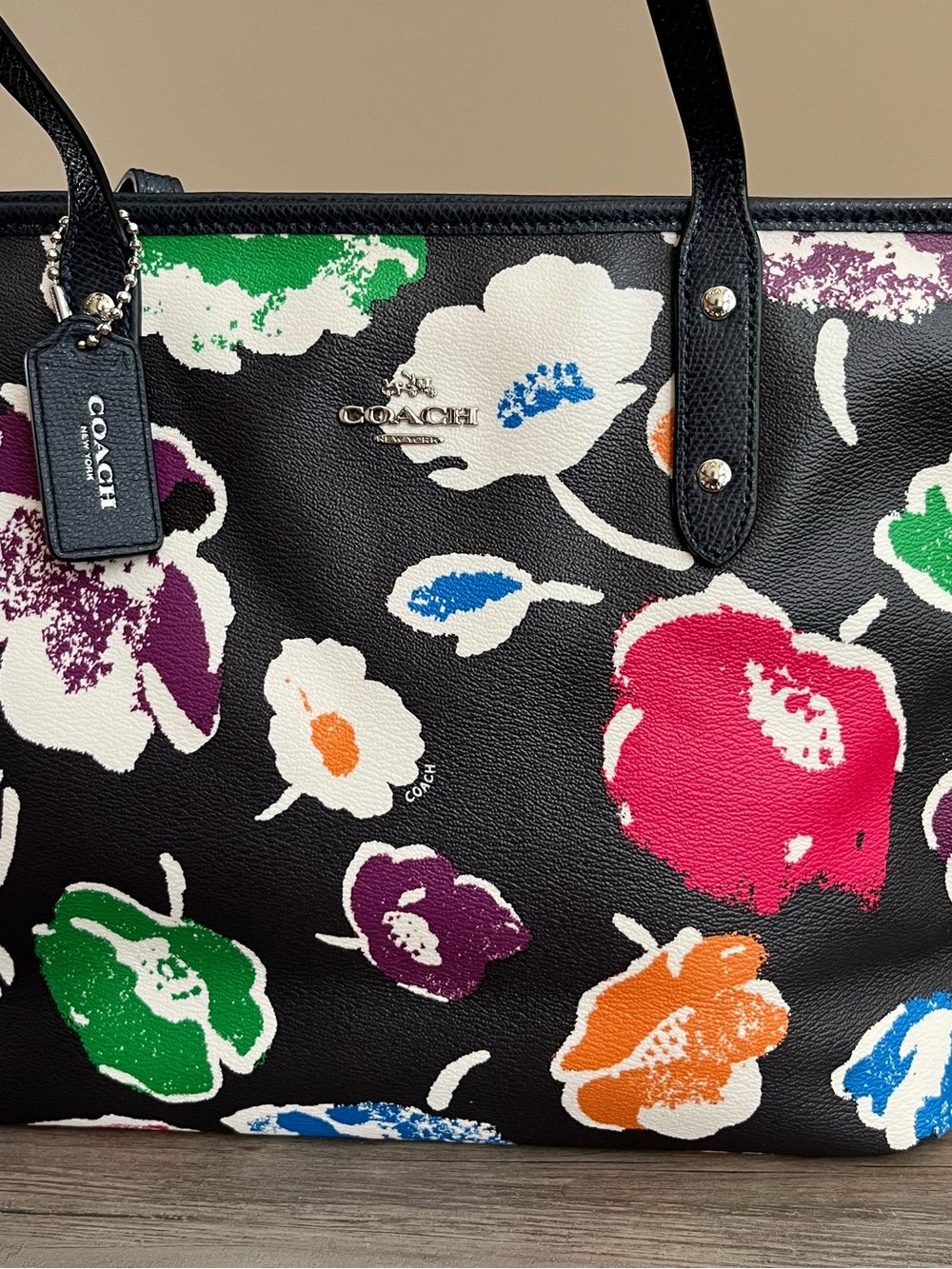 Coach Black Floral Print Tote with Multicolor Blooms